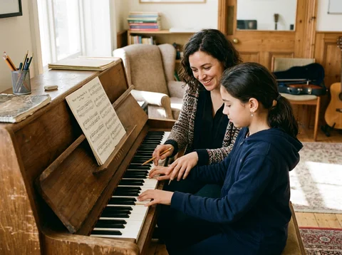 Profesora enseñando a estudiante en academia de música