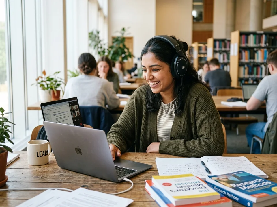 Estudiante joven sonriendo mientras interactúa en su laptop